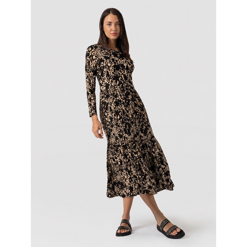 Saint + Sofia Greenwich Floral Tiered Midi Dress Tan Black Long Sleeve Pockets 8